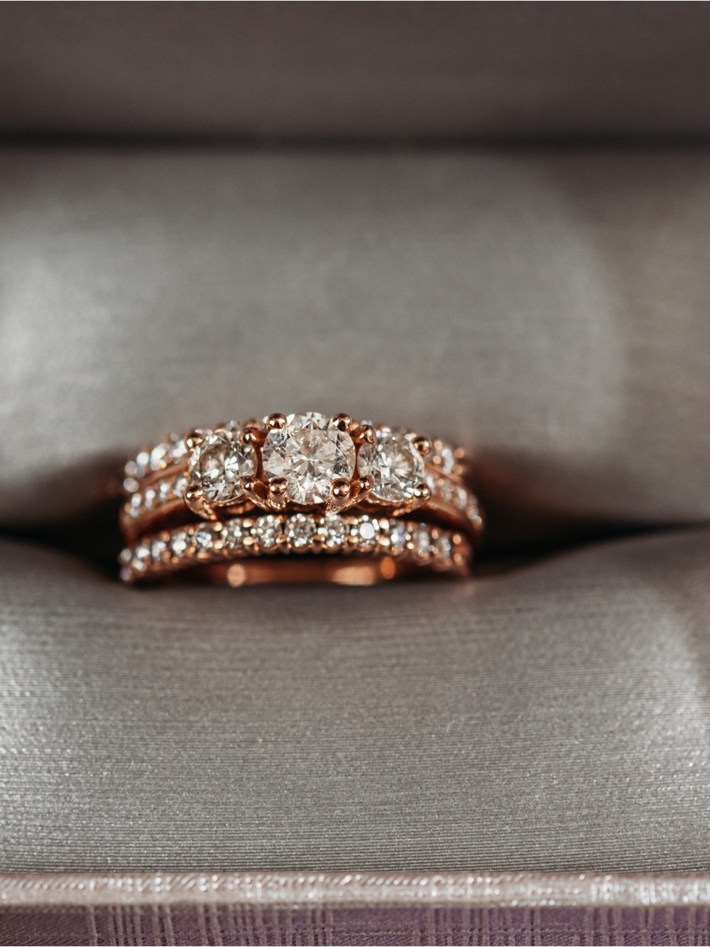 Rose Gold Diamond Three-Stone Bridal Ring Set